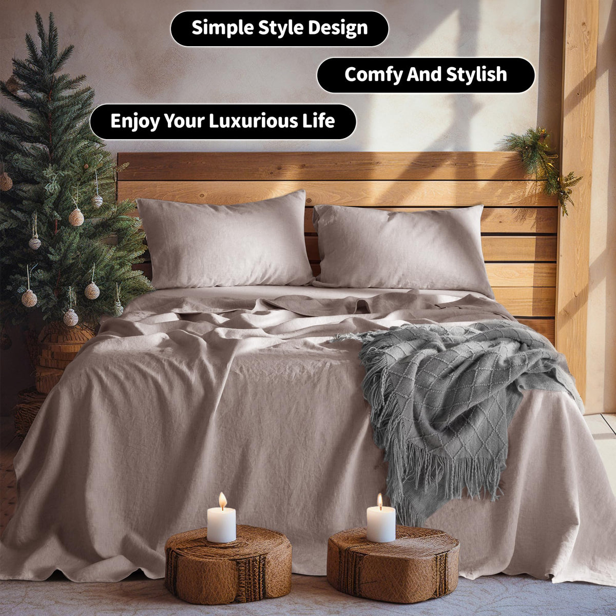 LBRO2M linen sheet set packaging shows eco friendly materials.