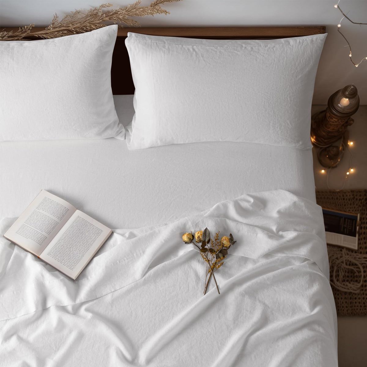 LBRO2M pure linen flat sheet on queen bed showing breathable all-season comfort