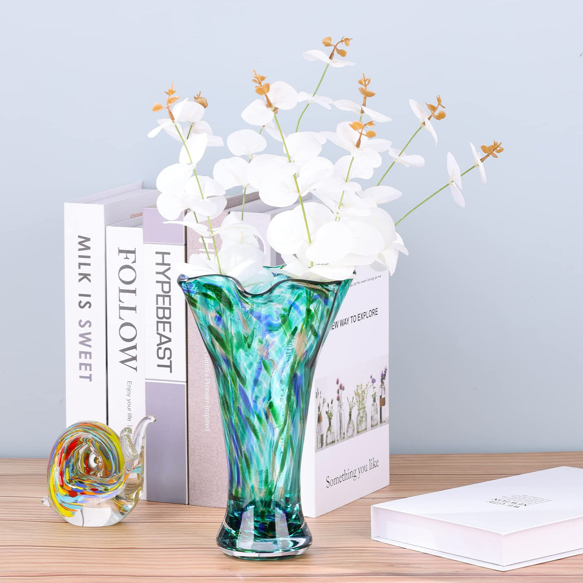 LCCCK teal glass vase suitable for weddings and events.