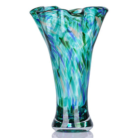 LCCCK teal glass vase with wide-mouth petal shape for vibrant floral displays.