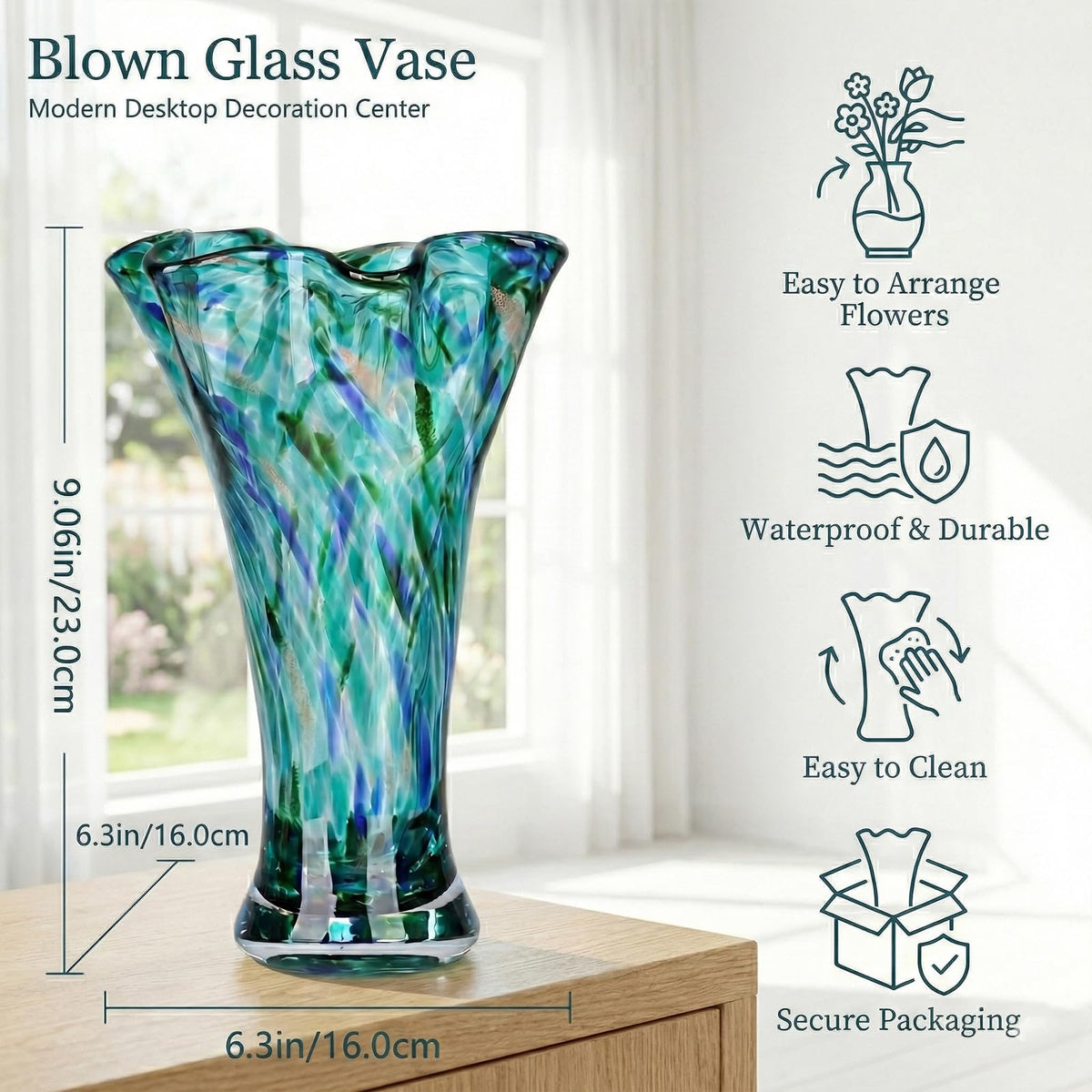 LCCCK teal hand-blown glass vase highlights artisanal craft and unique color.