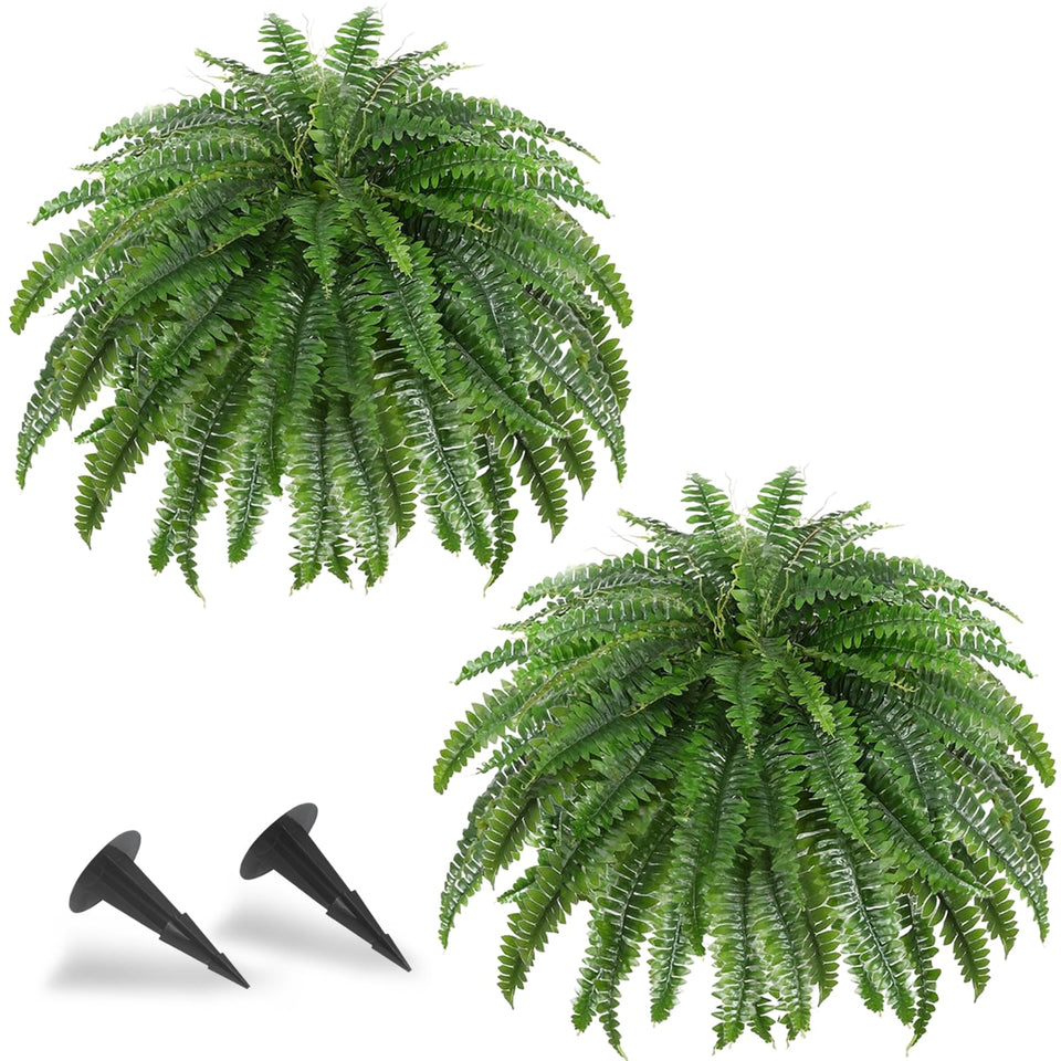 LCKRVOL 50-inch artificial ferns with ground spikes for outdoor decoration.