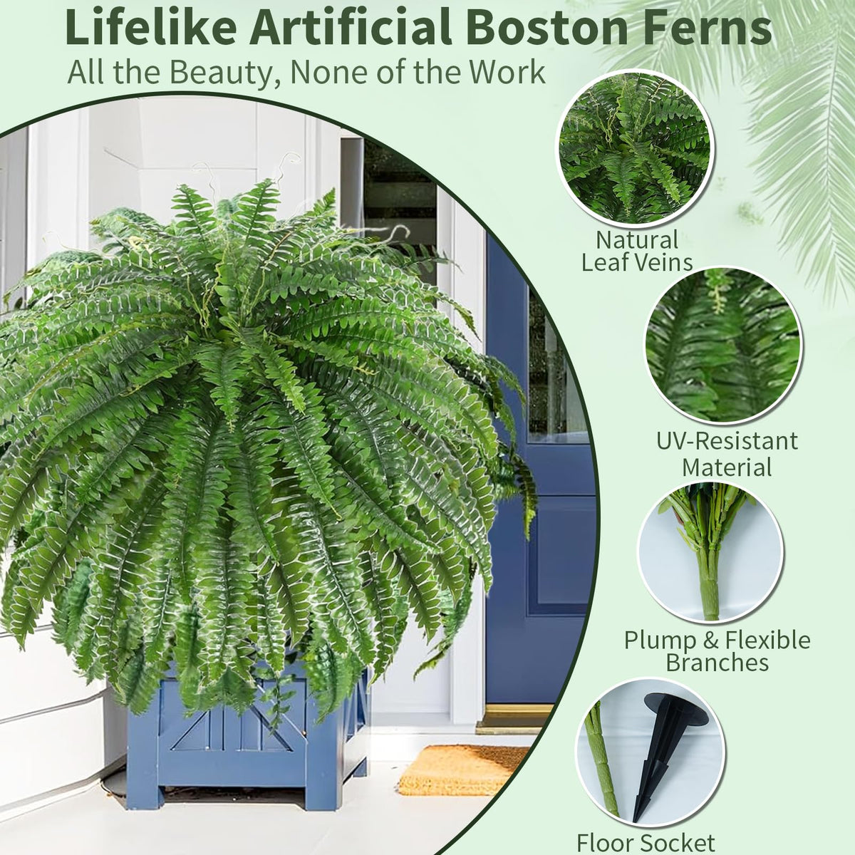 Full, lush look of 50-inch LCKRVOL faux ferns.