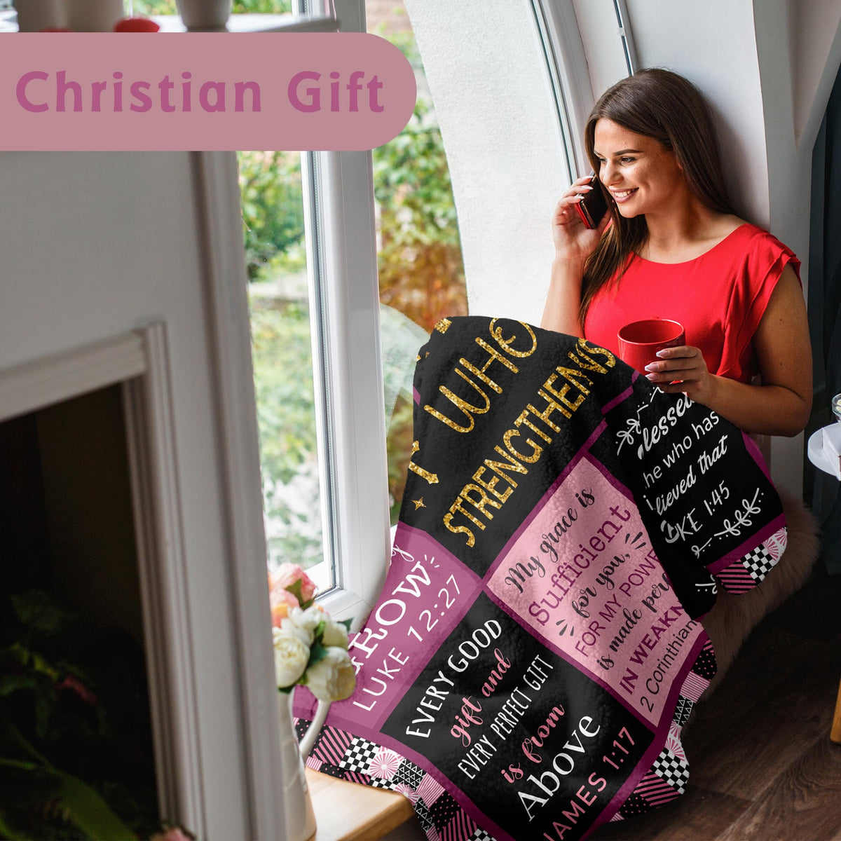 Lcobion blanket with spiritual motif highlighting comfort during prayer or reflection.