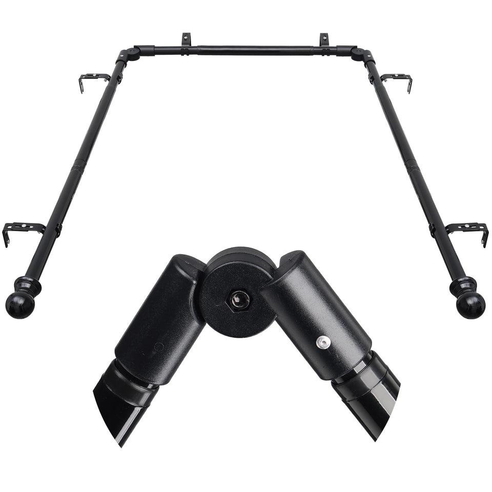 Lcokeiy bay window curtain rod assembly for corner window coverage.