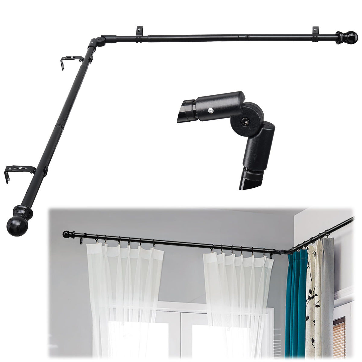 Lcokeiy elbow connector for corner rod offers flexible bay-window configurations.