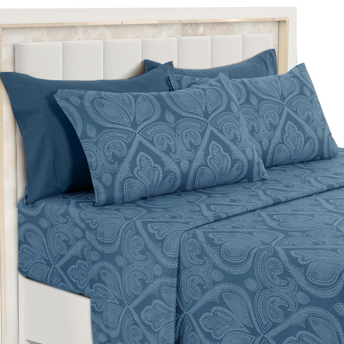 LDC Lux Decor paisley queen sheet set fabric closeup showing silky-soft microfiber
