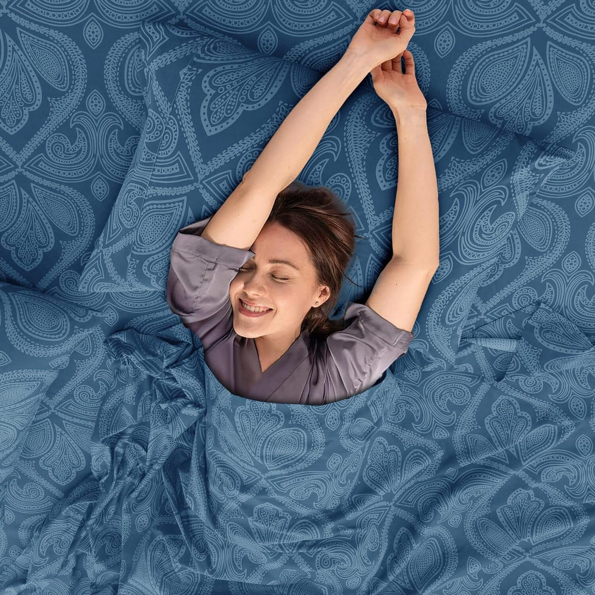 LDC Lux Decor Navy blue paisley design in a cozy bedroom setup for breathable comfort