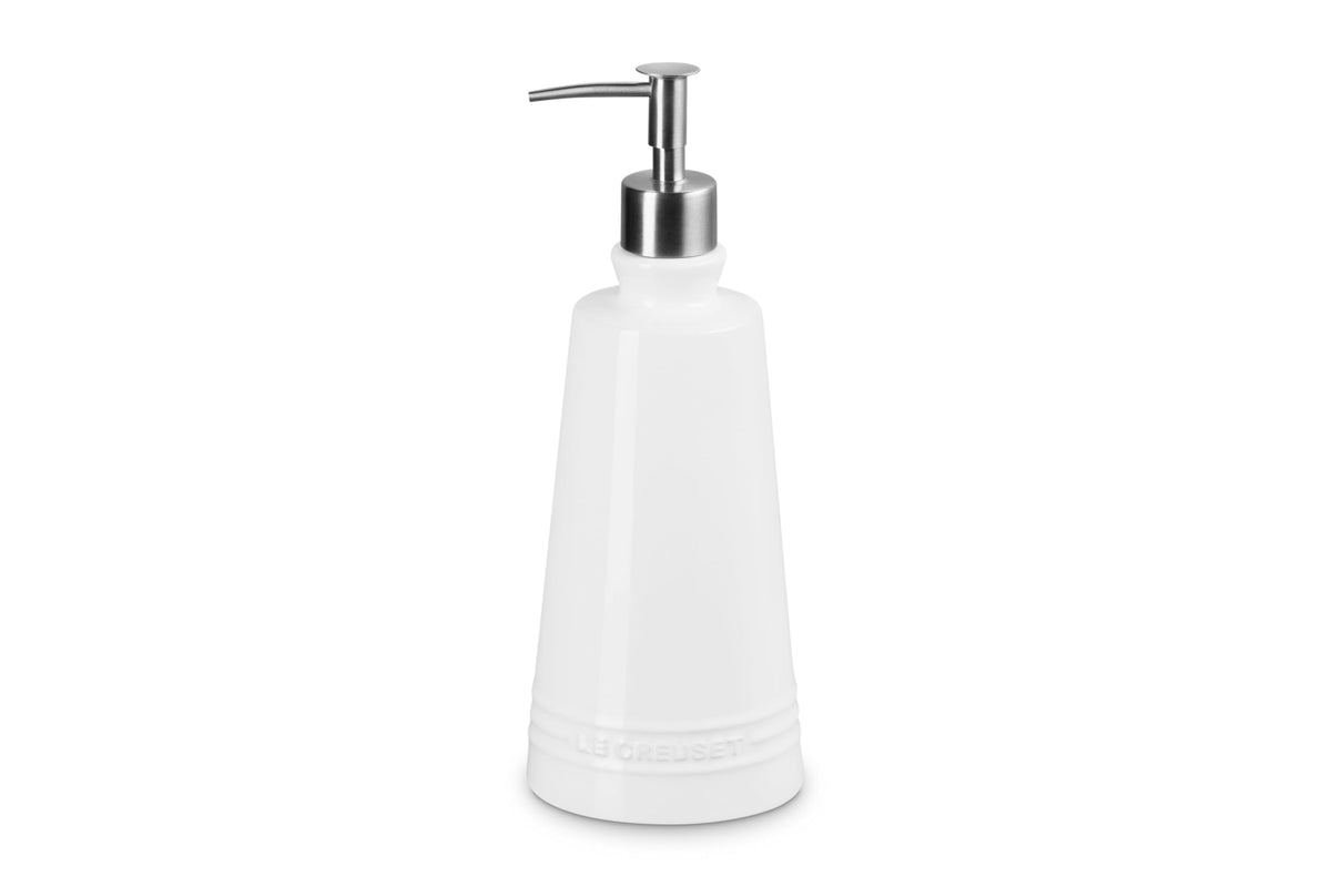 Le Creuset white stoneware soap dispenser front view, timeless kitchen staple