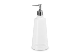Le Creuset white stoneware soap dispenser front view, timeless kitchen staple