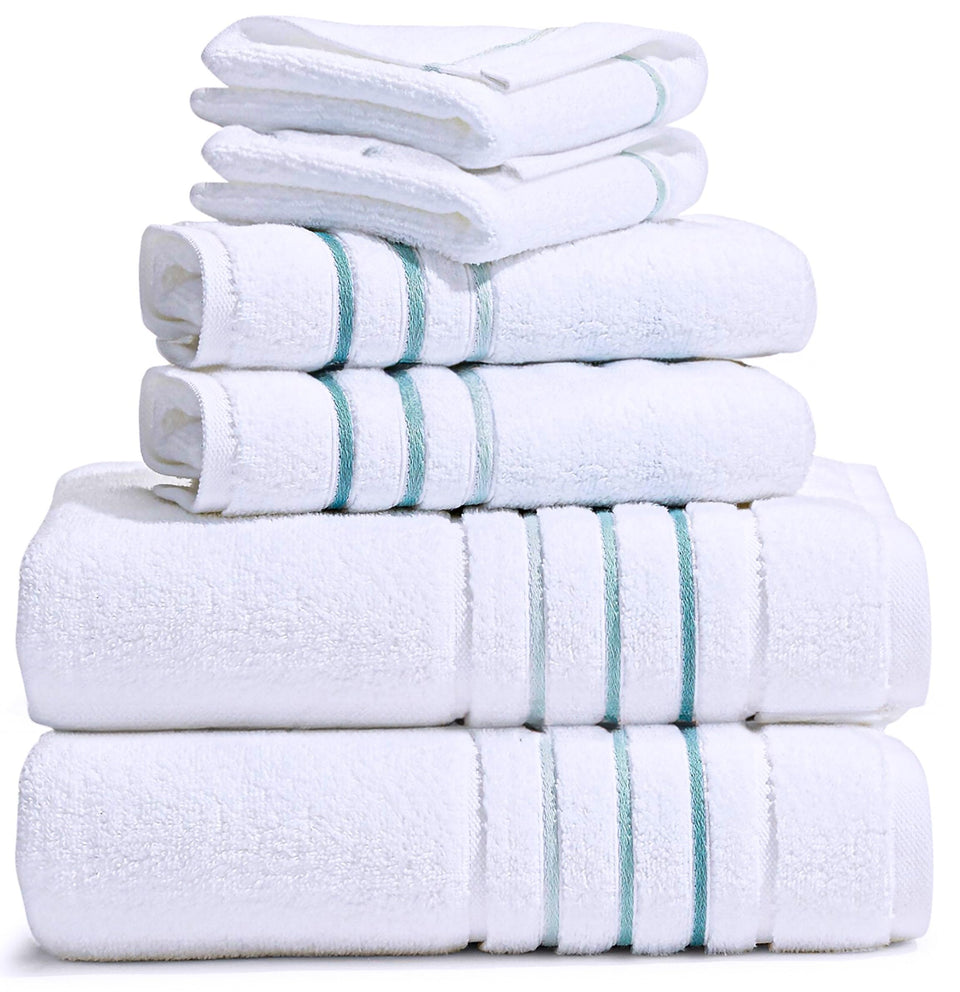 Le Fil Blanc bath towel set overview in white and aqua for spa-like luxury