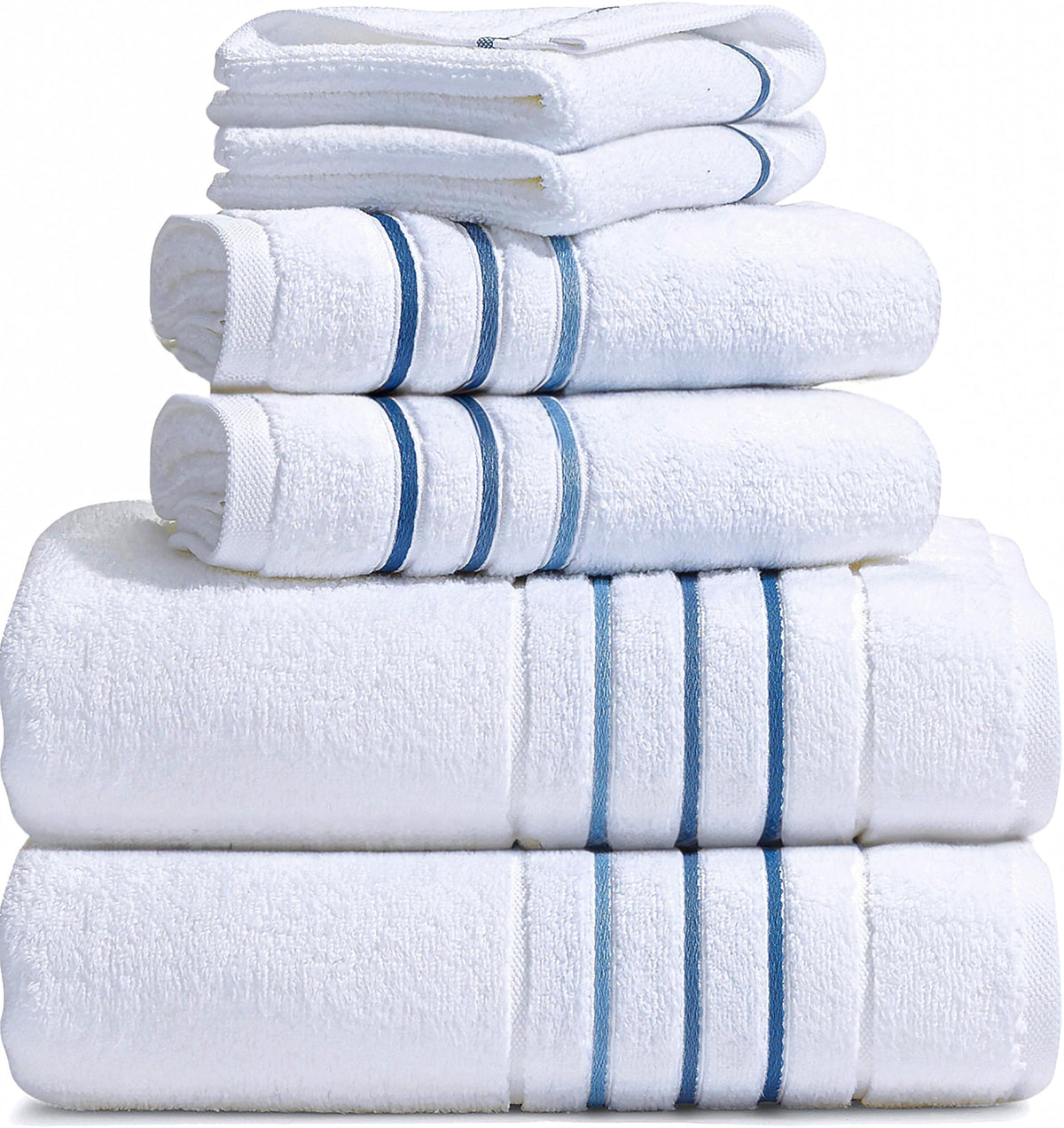 Le fil blanc bath towels set with white fabric and azure stripe, plush and absorbent for daily use
