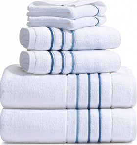 Le fil blanc bath towels set with white fabric and azure stripe, plush and absorbent for daily use