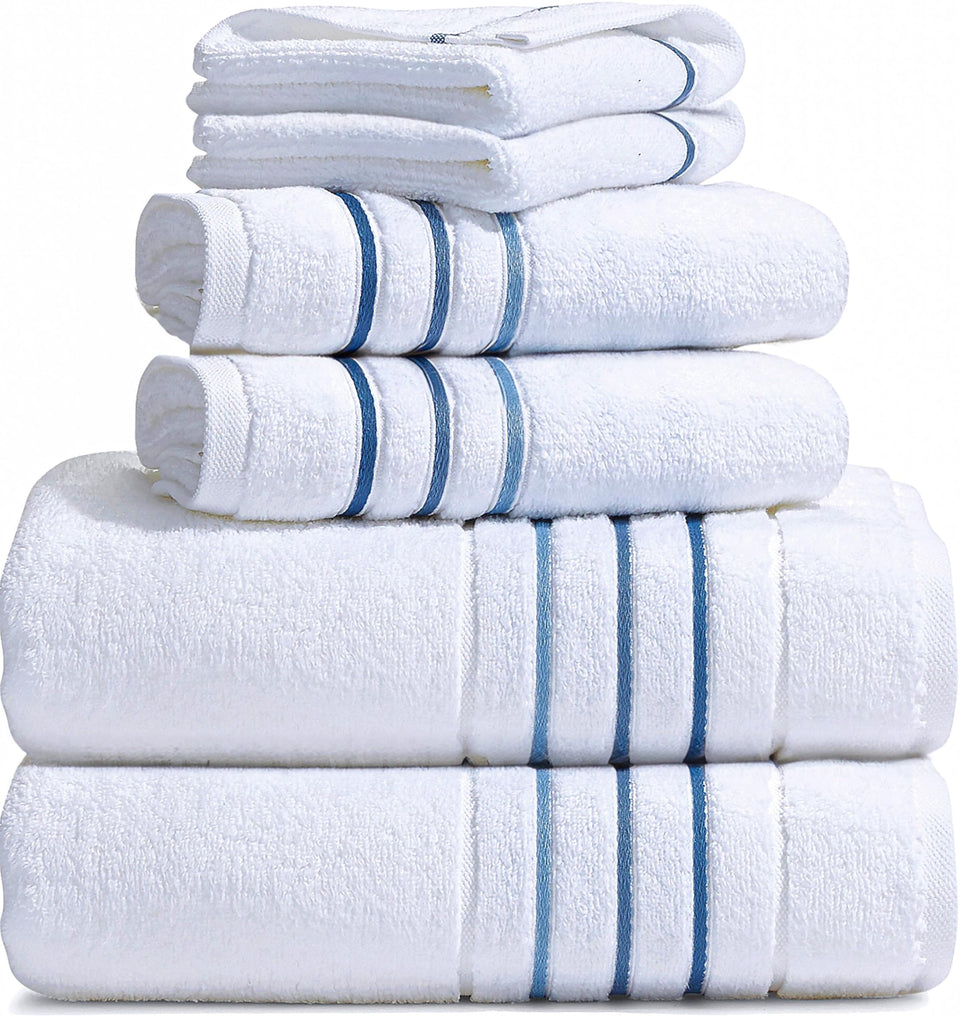 Le fil blanc bath towels set with white fabric and azure stripe, plush and absorbent for daily use
