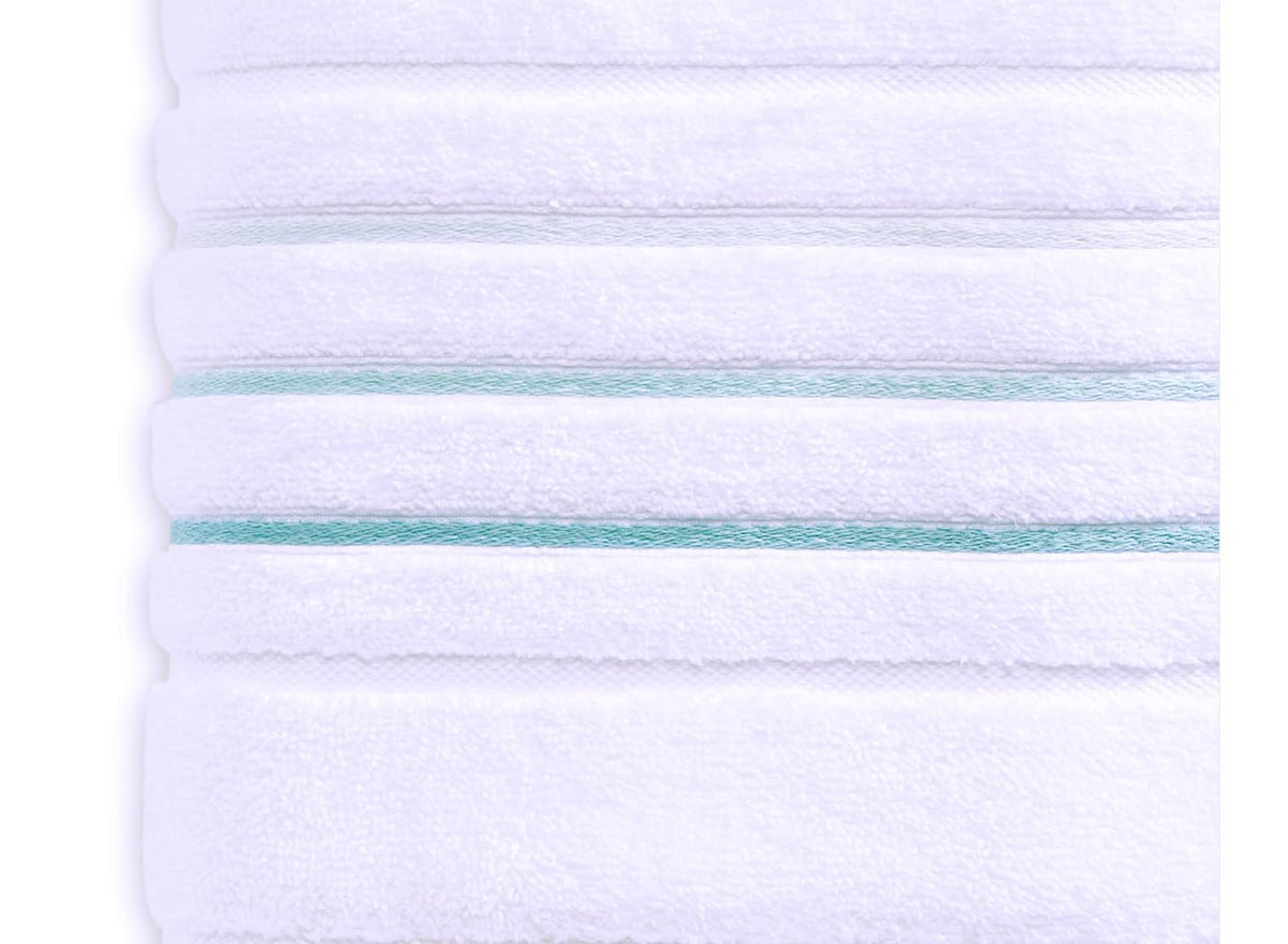 Towel sizes included in the set with white green aqua accents
