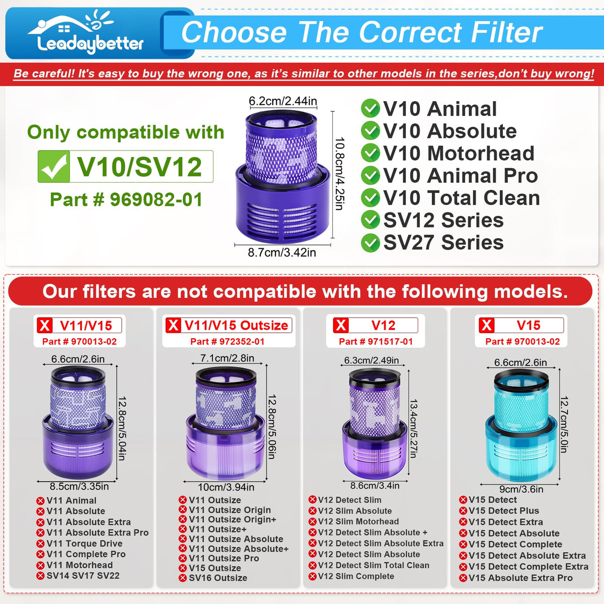 Leadaybetter Dyson V10 filter with washable design for reusable, cost-efficient maintenance.