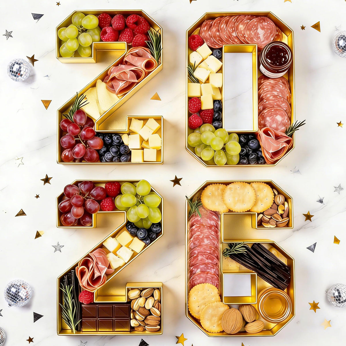 Leadinor graduation number tray showcased with cheese and appetizers as a centerpiece.