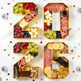 Leadinor graduation number tray showcased with cheese and appetizers as a centerpiece.