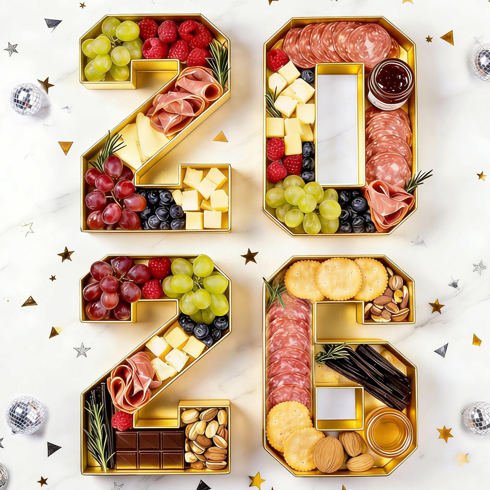 Leadinor graduation number tray showcased with cheese and appetizers as a centerpiece.
