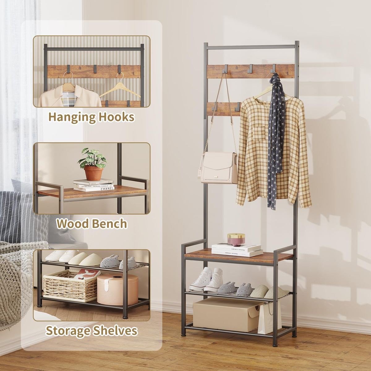 Leadpro coat rack in rustic brown finish adds warm decor to entryway