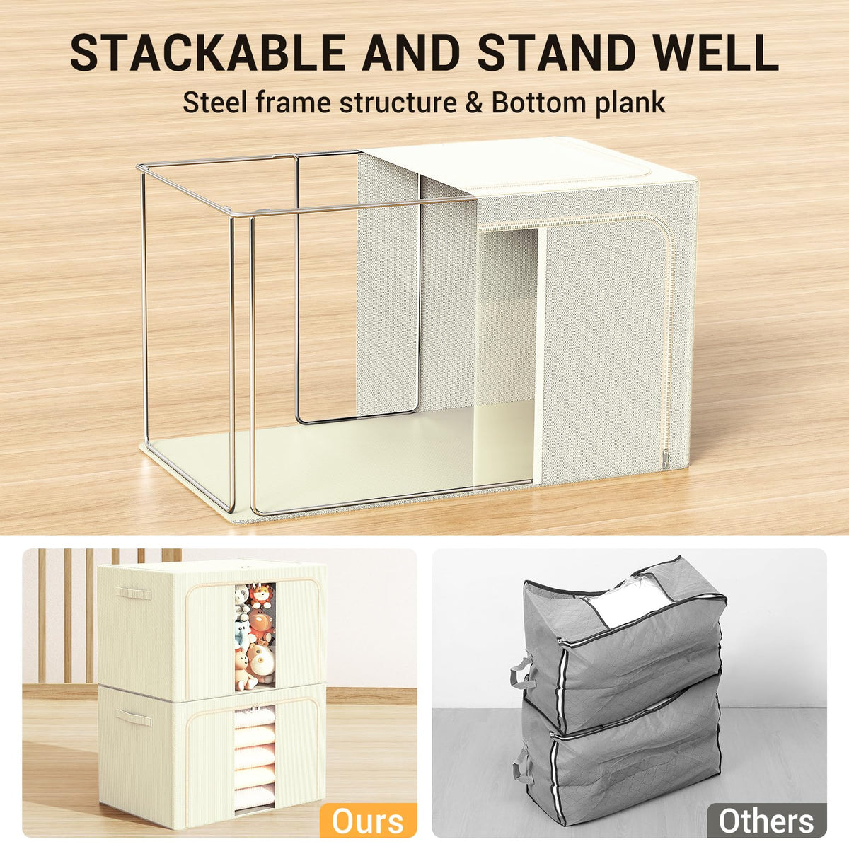 LeArex 66L beige storage bin; clear window helps identify contents.