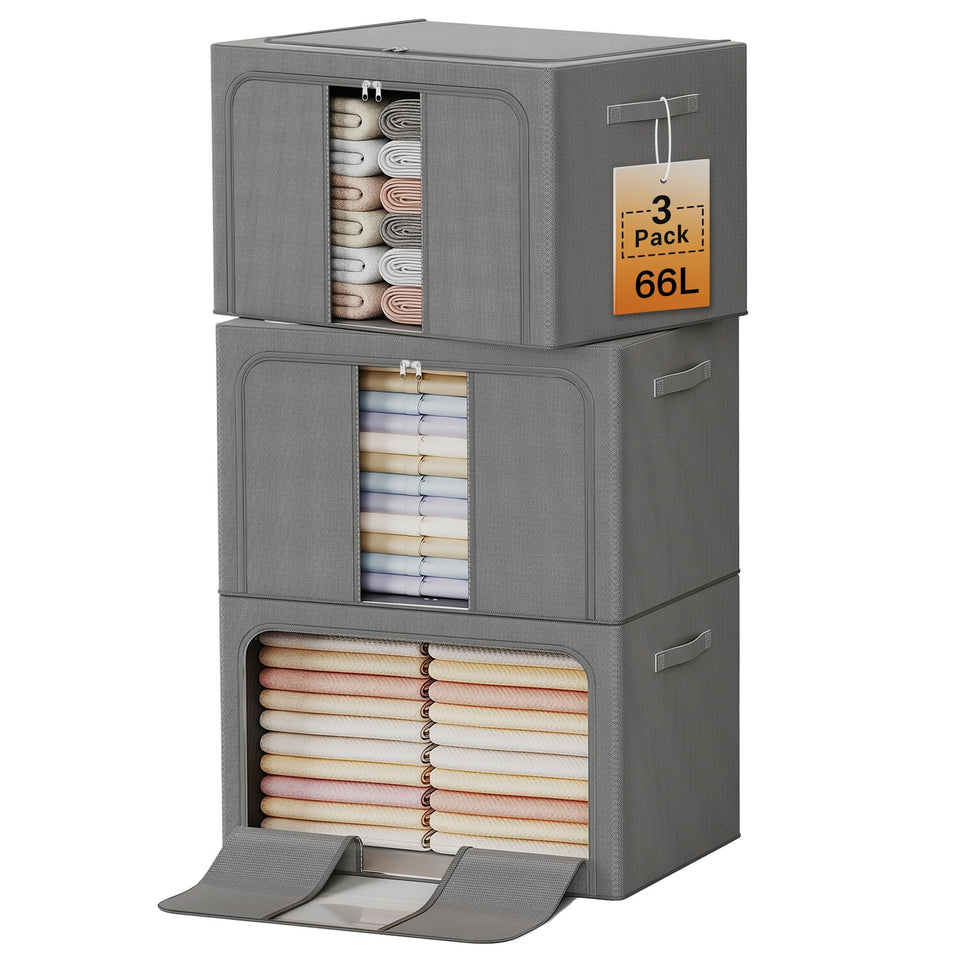 LeArex clothes storage bin with metal frame, front view showing clear window for easy viewing.