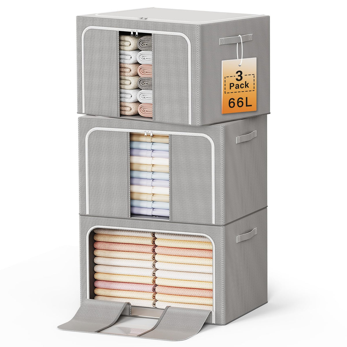 LeArex clothes storage bin with metal frame maintains shape and stacks neatly.