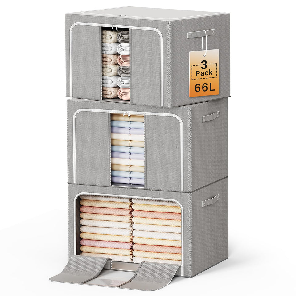 LeArex clothes storage bin with metal frame maintains shape and stacks neatly.