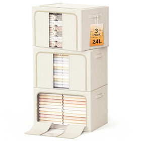 LeArex beige storage bin with metal frame front view for sturdy closet organization.