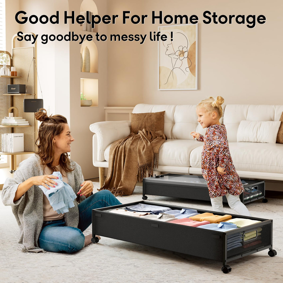 LeArex compact under-bed organizer fits under beds, couches, and shelves.