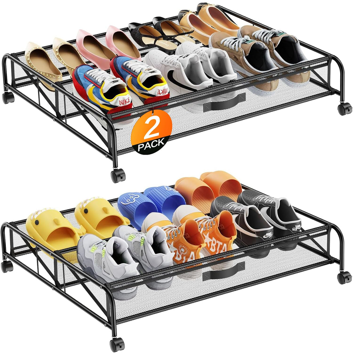 LeArex under-bed shoe storage with wheels, front view, keeps footwear organized.