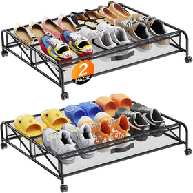 LeArex under-bed shoe storage with wheels, front view, keeps footwear organized.