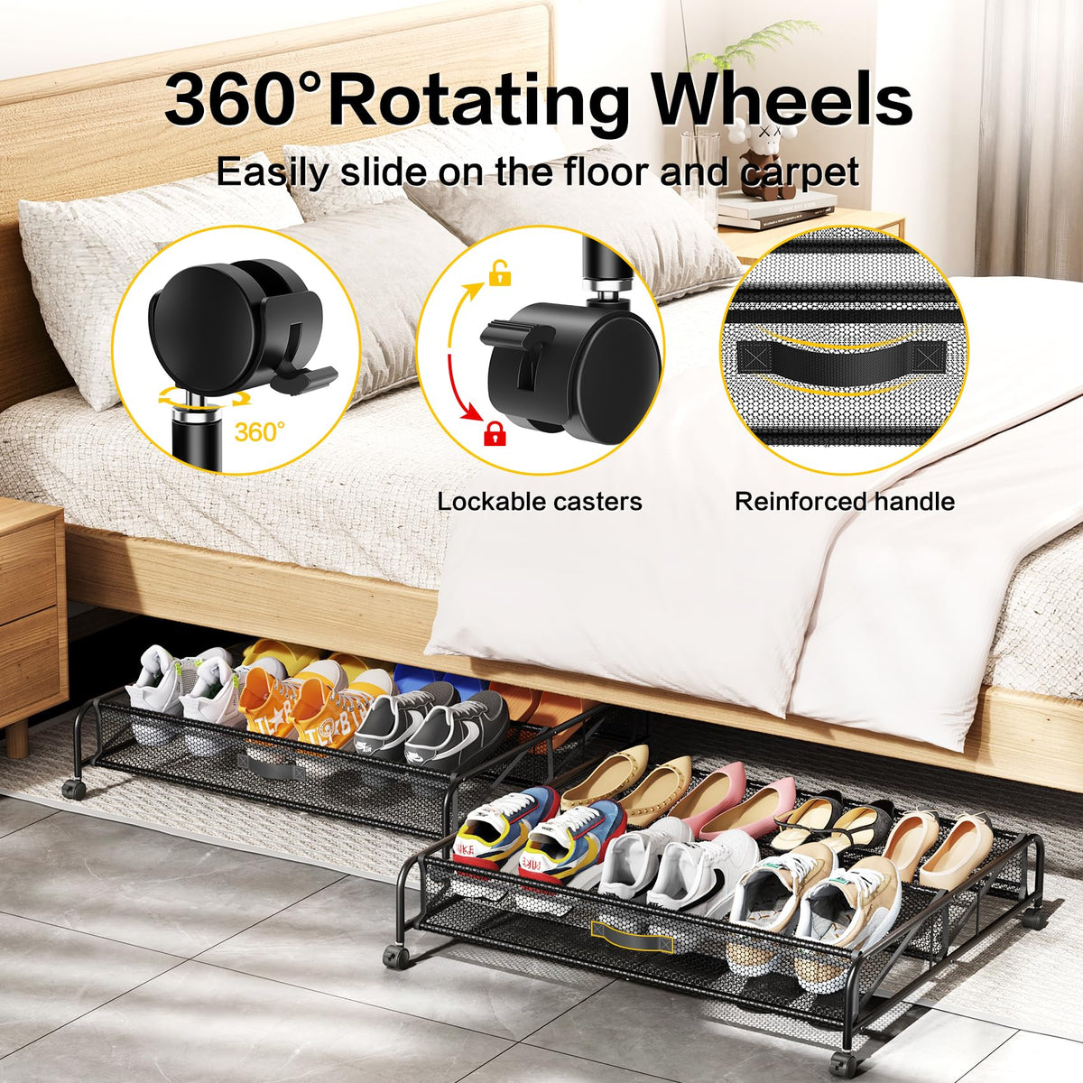 LeArex under-bed shoe storage with wheels, side view, easy to move.