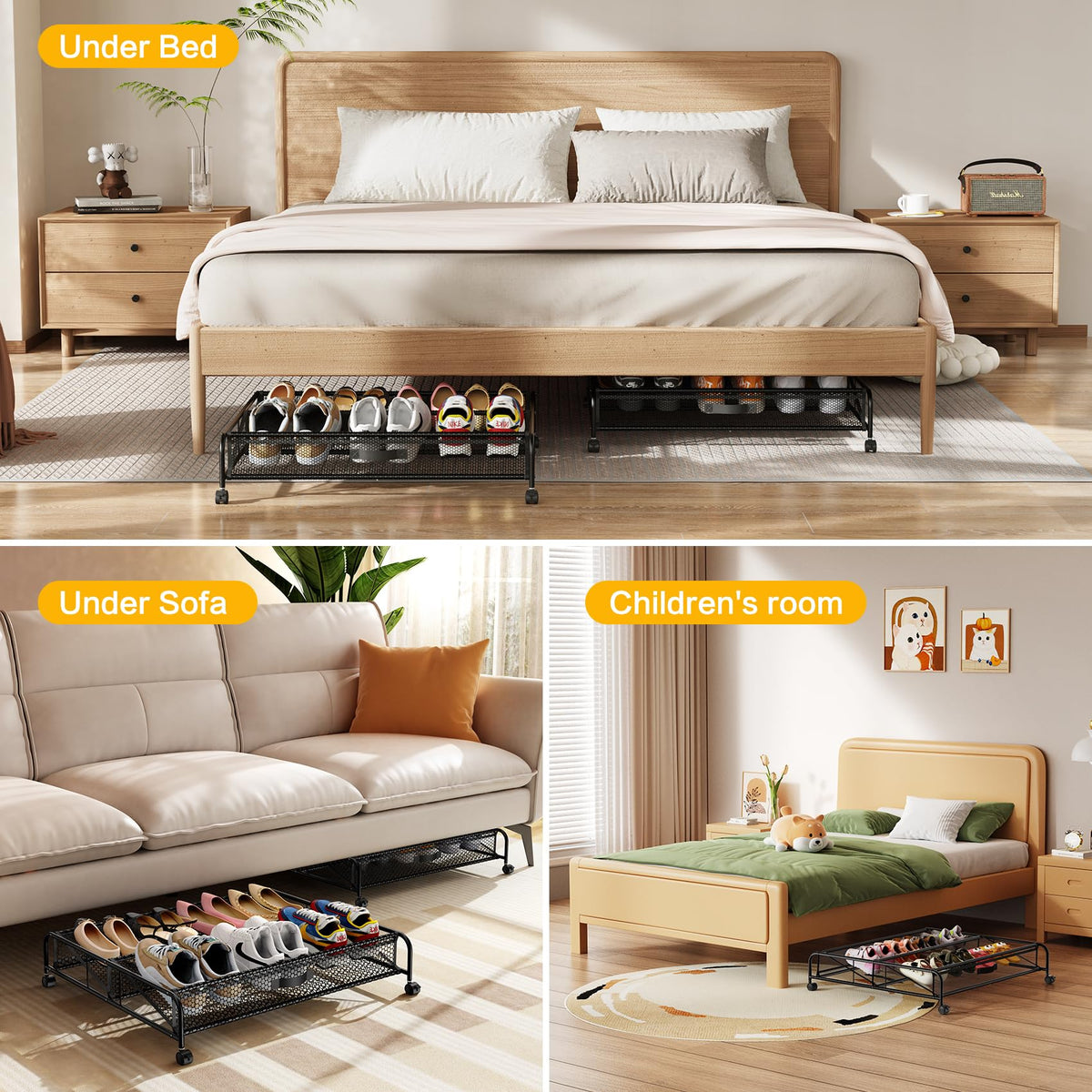 LeArex under-bed placement view, fits under bed for hidden storage.