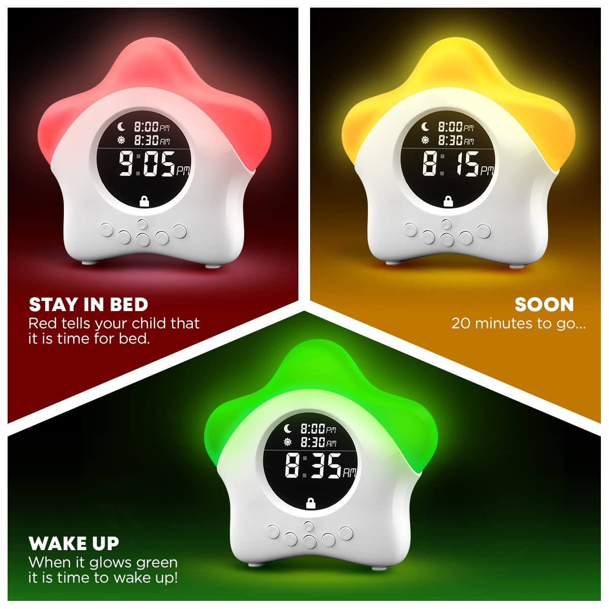 Learn & Climb Stay-in-Bed Clock shows color LED cues to guide kids to wake gradually.