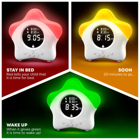 Learn & Climb Stay-in-Bed Clock shows color LED cues to guide kids to wake gradually.