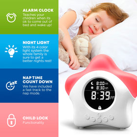 Learn & Climb Stay-in-Bed Clock night light casts a soft glow for bedtime comfort.