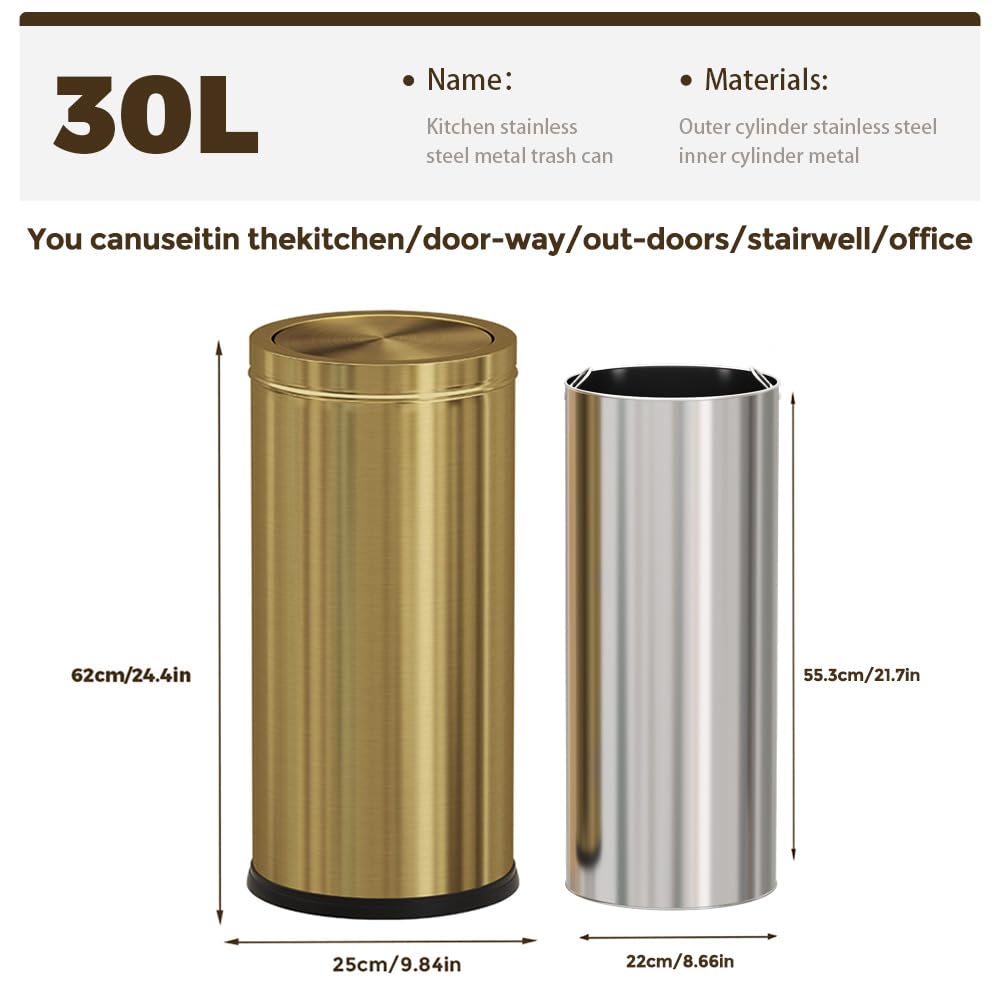 LEASYLIFE gold trash can dimensions chart highlights capacity and fit