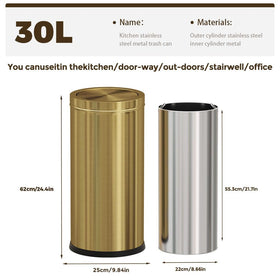 LEASYLIFE gold trash can dimensions chart highlights capacity and fit