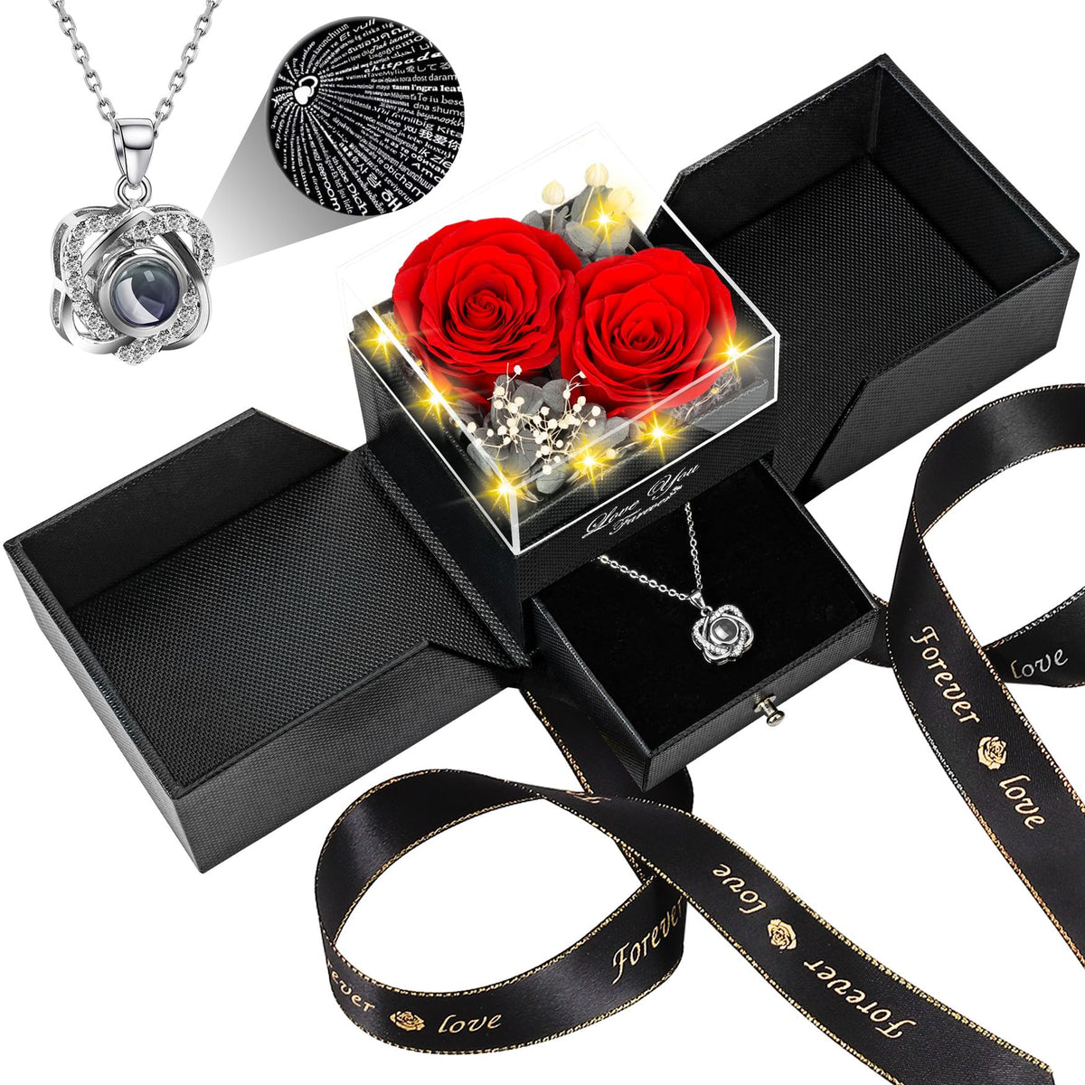 Lebana 2-in-1 preserved rose necklace with double roses keepsake.