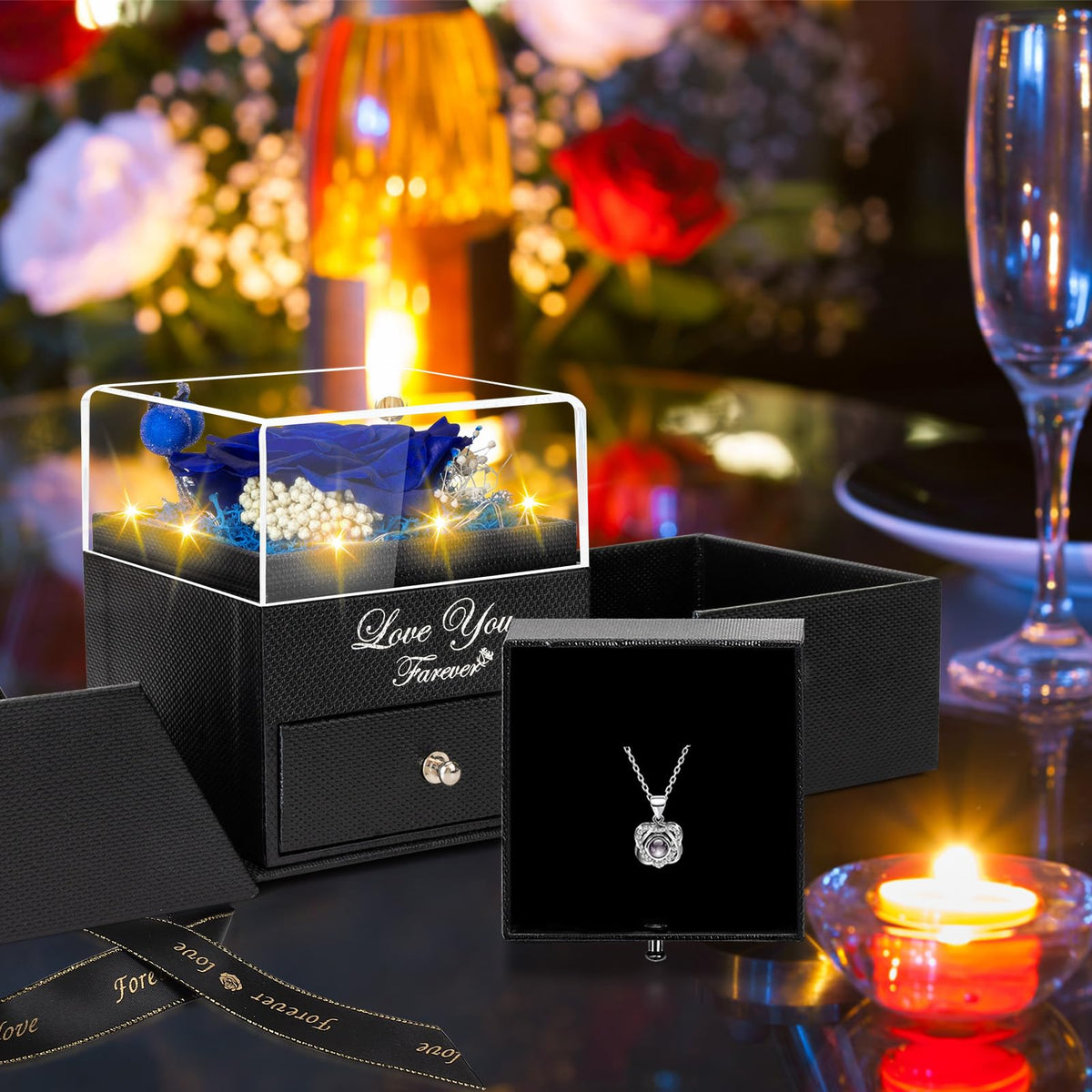 Lebana double heart necklace inside the rose box for a romantic reveal