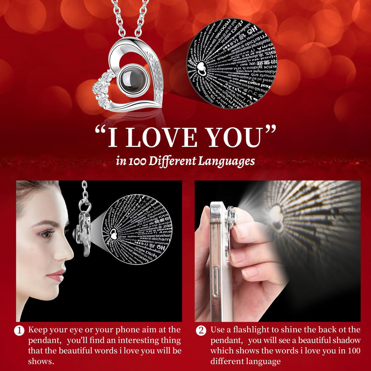 Lebana I Love You necklace displays 100 languages as a unique romantic message.