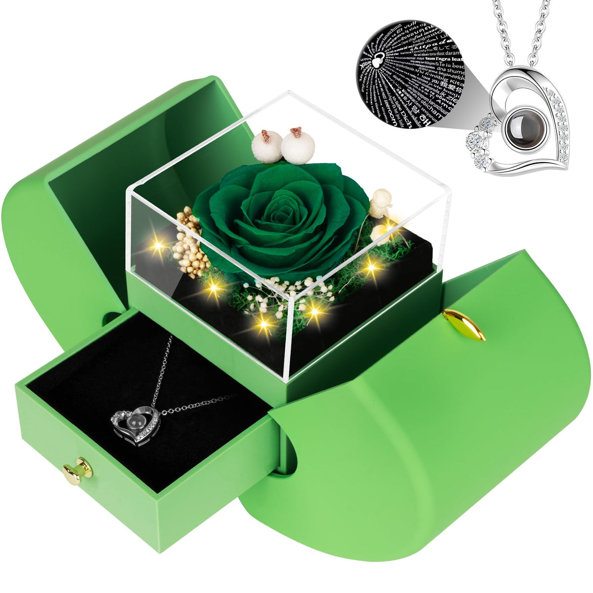 Lebana preserved green rose necklace displaying I Love You in 100 languages.