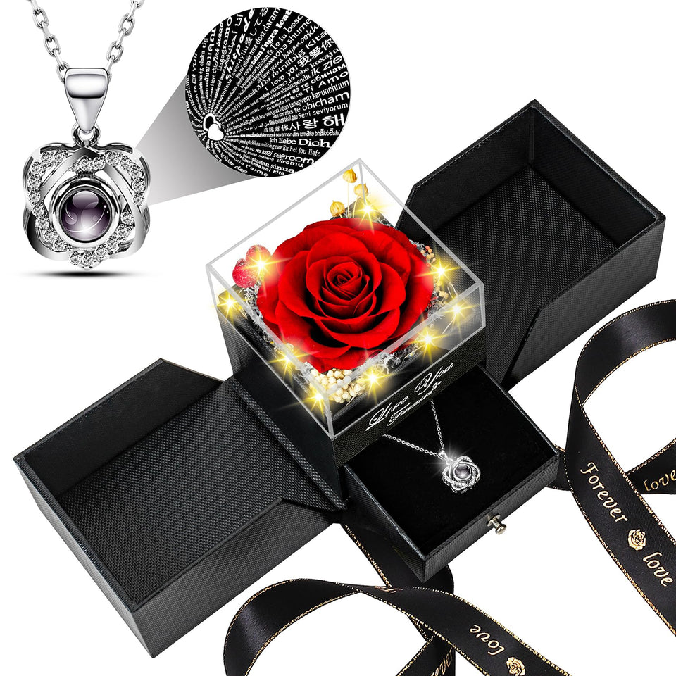 Lebana preserved red rose with heart necklace close-up, ideal for anniversaries
