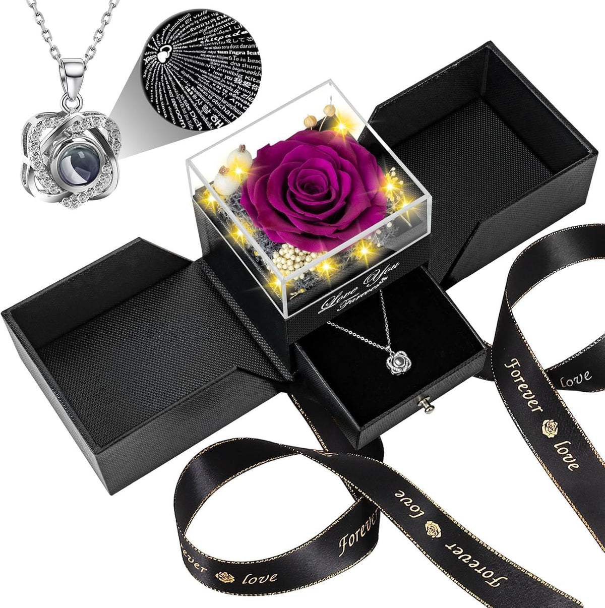 Lebana preserved rose with necklace inside gift box, a lasting romantic keepsake.