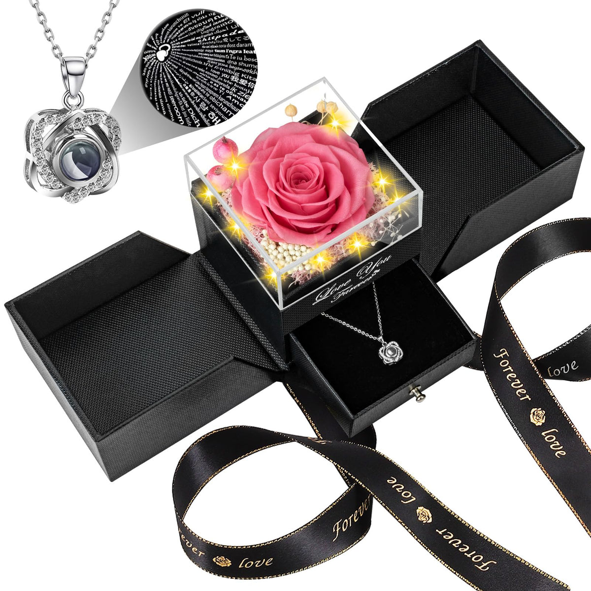 Lebana preserved rose with necklace inside box, a romantic keepsake.