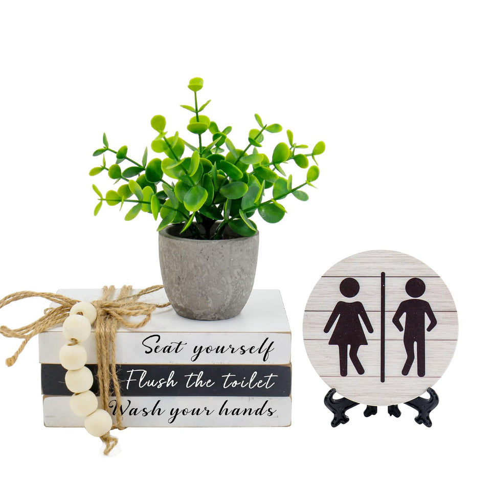 Lebsitey bathroom book sign set adds rustic warmth to guest bathrooms