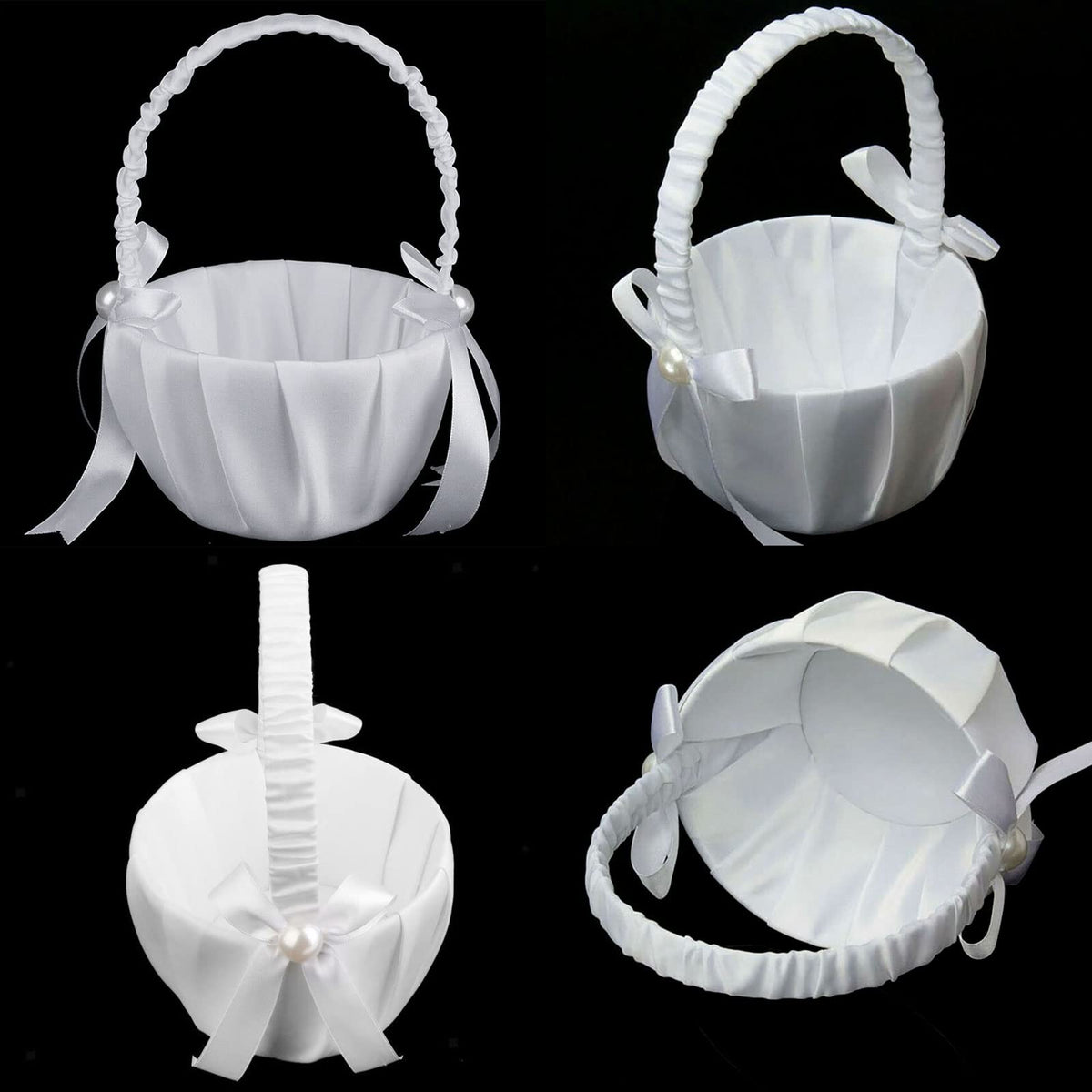 Lebsitey flower basket with pearl-embellished bow, adding romantic shimmer to the aisle.
