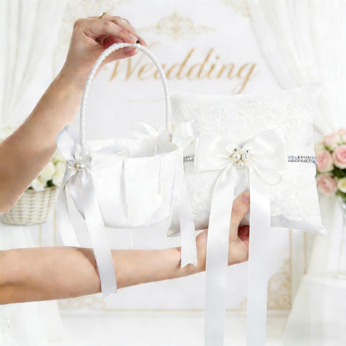 Lebsitey pearl embellished bowknot basket enhances wedding decor