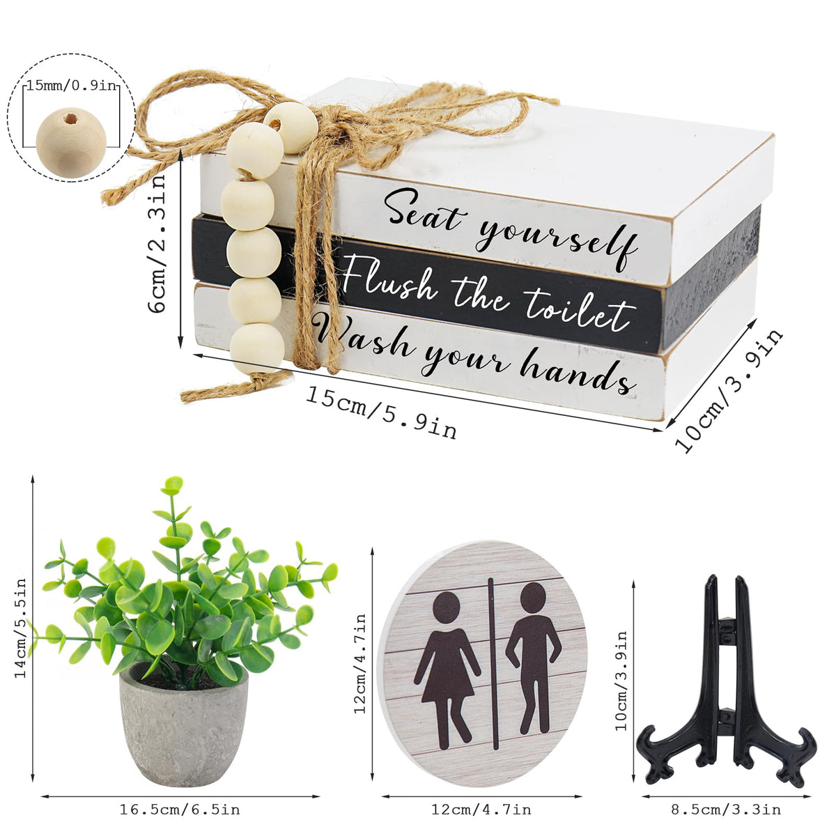 Lebsitey round bathroom sign with plant adds whimsy and greenery